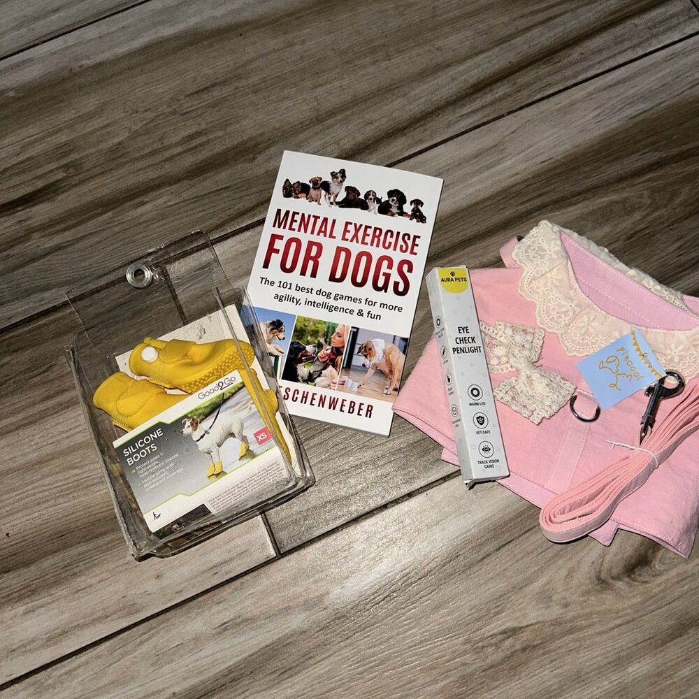 Dog Accessories, Pink Harness With Matching Leash Sz Med, Rain Boots , Book